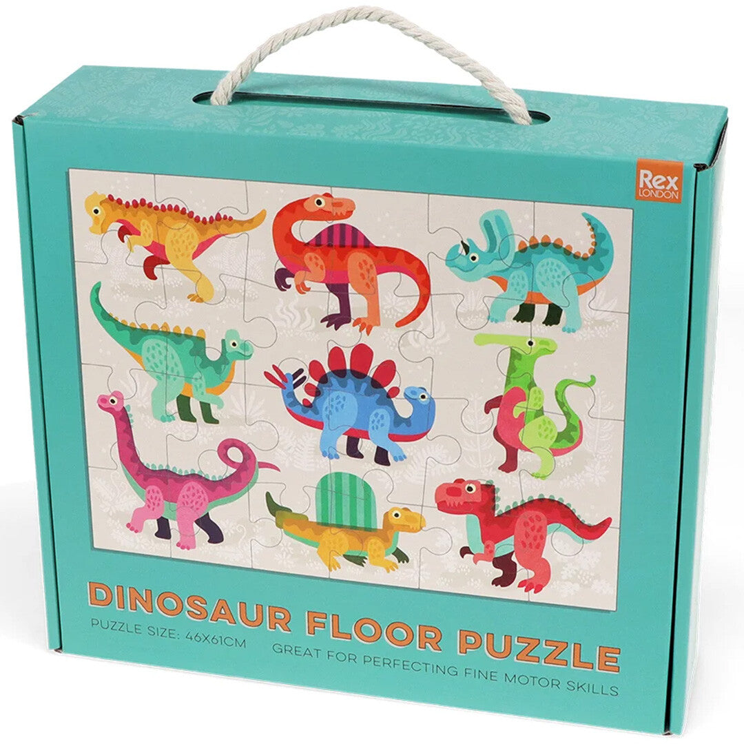 De verpakking van de Rex London vloerpuzzel met dinosaurussen.