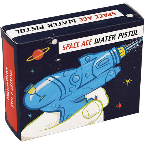 De verpakking van het Rex London Space Age waterpistool met een illustratie van een blauw pistool in de ruimte.