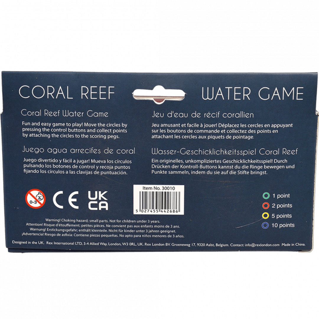 De achterkant van de Rex London verpakking van het Coral Reef waterspel met productinformatie.