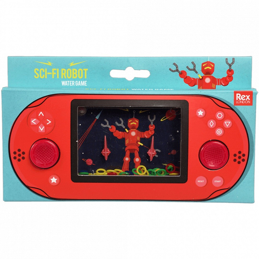 De verpakking van het Rex London sci-fi robot waterspel, met het rode spel zichtbaar.