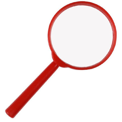 Rood educatief vergrootglas op een witte achtergrond.