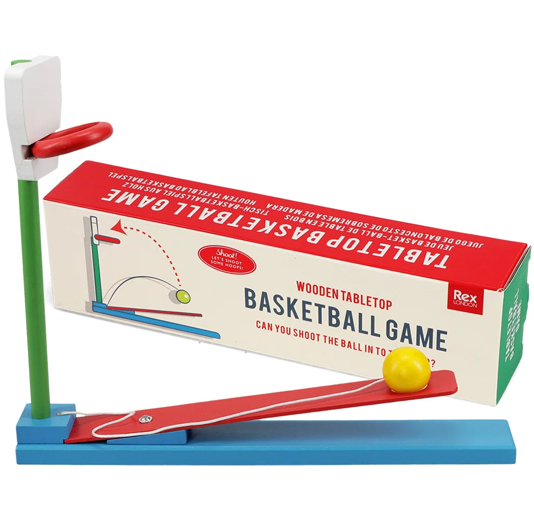 Rex London houten tafelbasketbalspel met gele bal en de productverpakking.