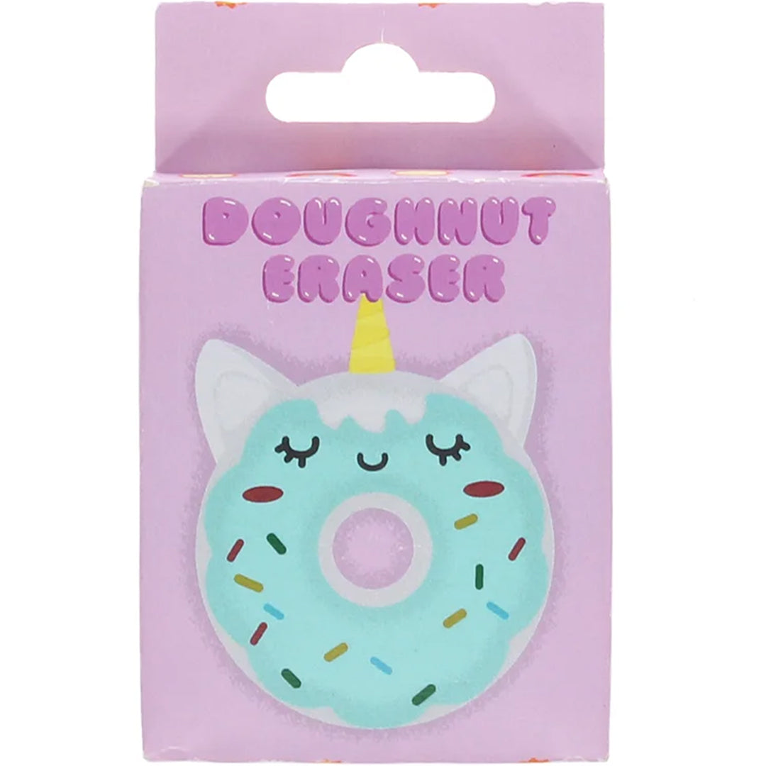 De voorkant van de Rex London verpakking voor de eenhoorn donut gum, met een illustratie van de gum en de tekst 'DOUGHNUT ERASER'.