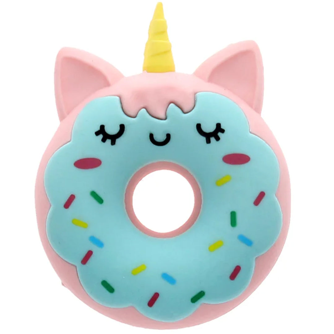 Rex London eenhoorn donut gum met roze basis, blauw glazuur en kleurrijke spikkels.
