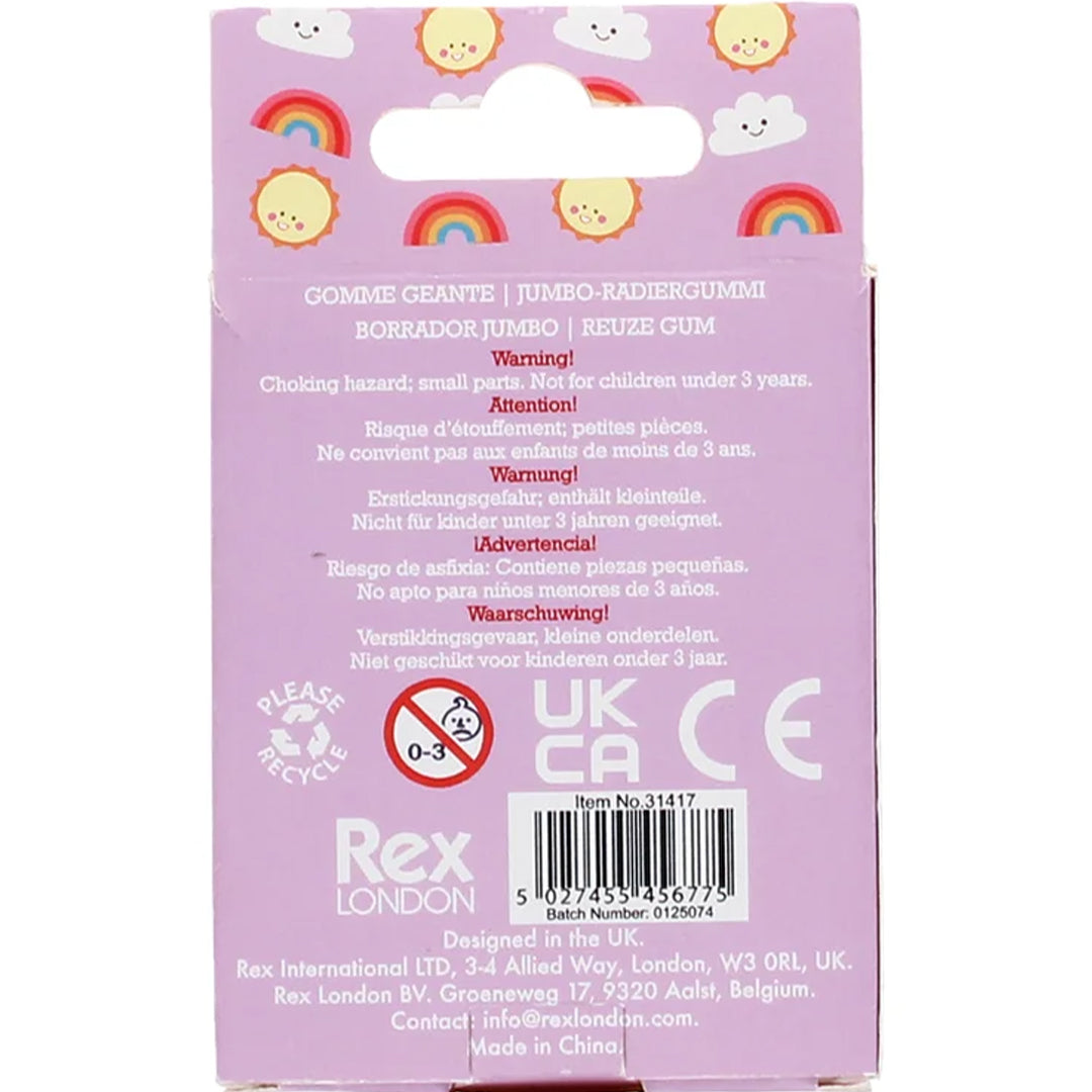De achterkant van de Rex London verpakking voor de eenhoorn donut gum, met productinformatie, waarschuwingen en een barcode.