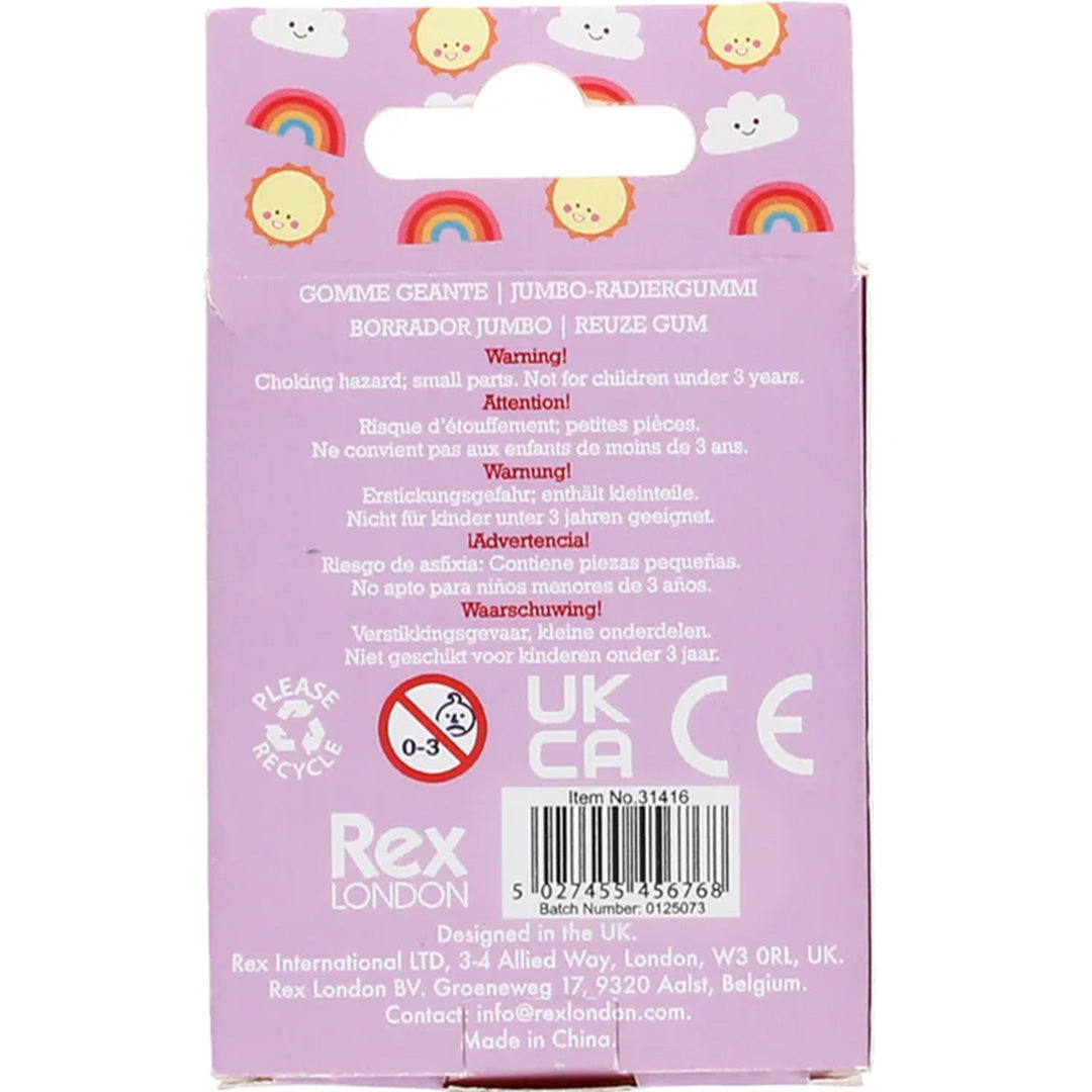 De achterkant van de Rex London verpakking van de gum met productinformatie en waarschuwingen.