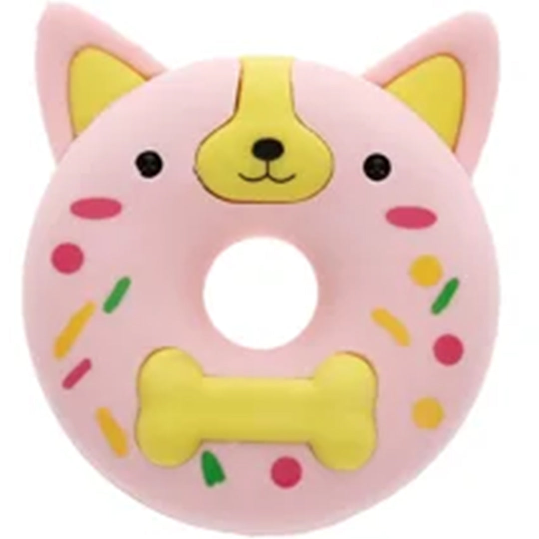 Roze donutvormige gum met een hondenhoofd en een geel botje in het midden.