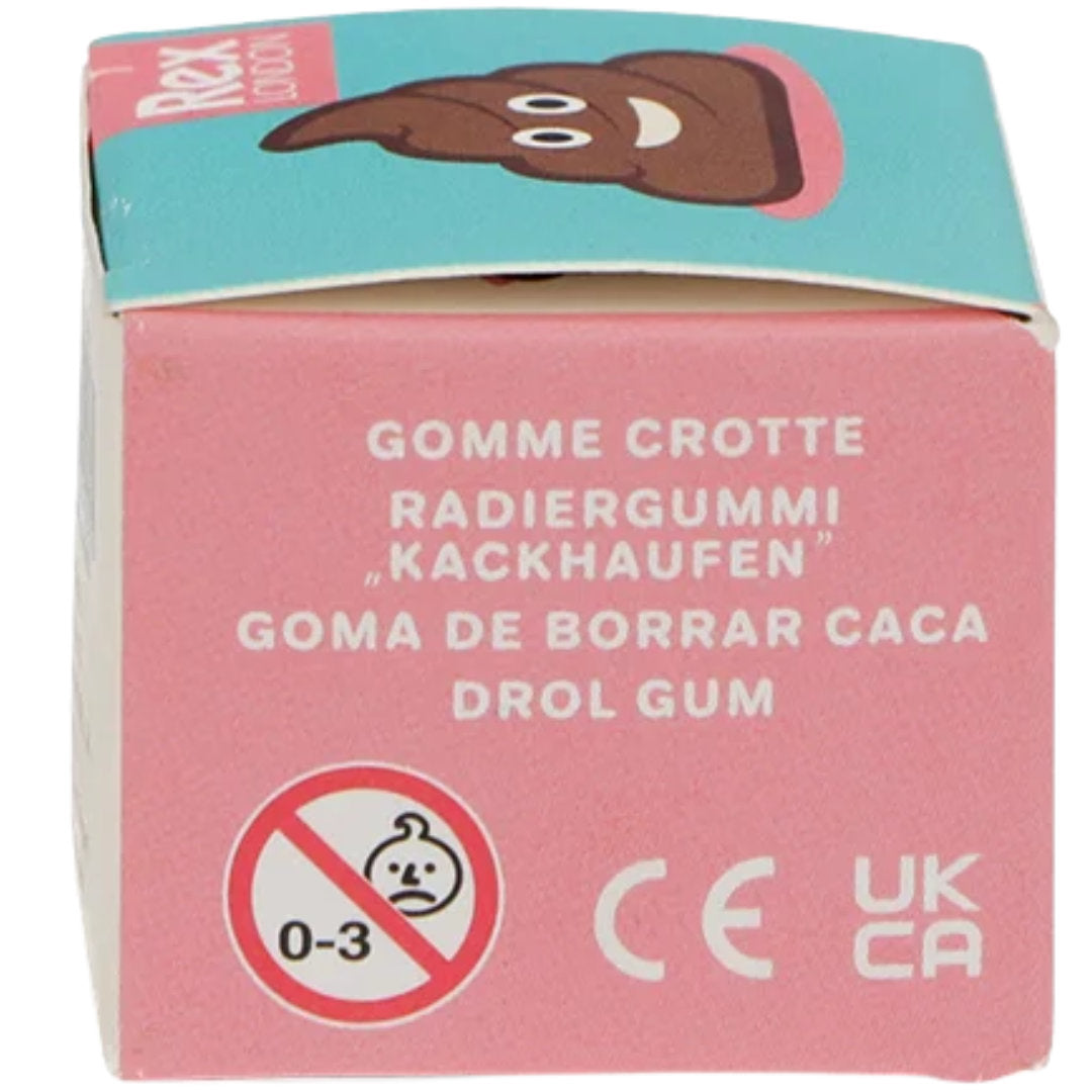 Zijkant van de Rex London verpakking van de drol-gum met productnamen in meerdere talen.