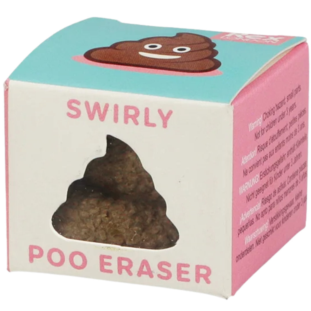 Voorkant van de verpakking van de drol-gum met 'Swirly Poo Eraser' tekst en een venster.