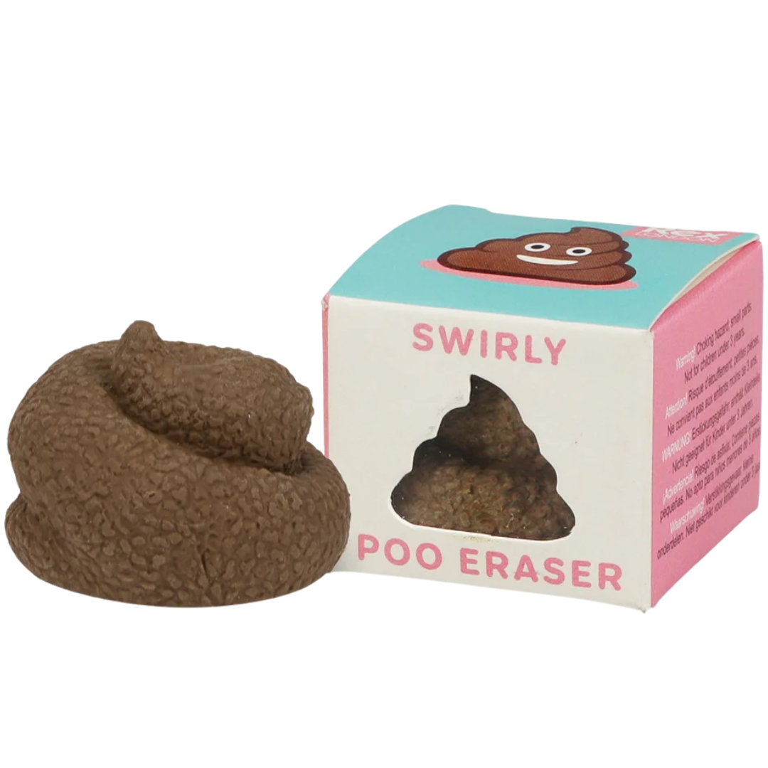 Bruine drol-vormige gum naast de verpakking met 'Swirly Poo Eraser' tekst.