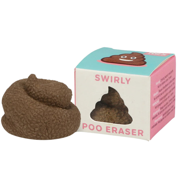 Bruine drol-vormige gum naast de verpakking met 'Swirly Poo Eraser' tekst.