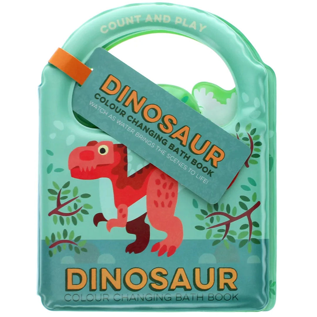 Rex London badboekje met dinosaurus op de voorkant en een productlabel met de tekst 'Dinosaur Colour Changing Bath Book'.