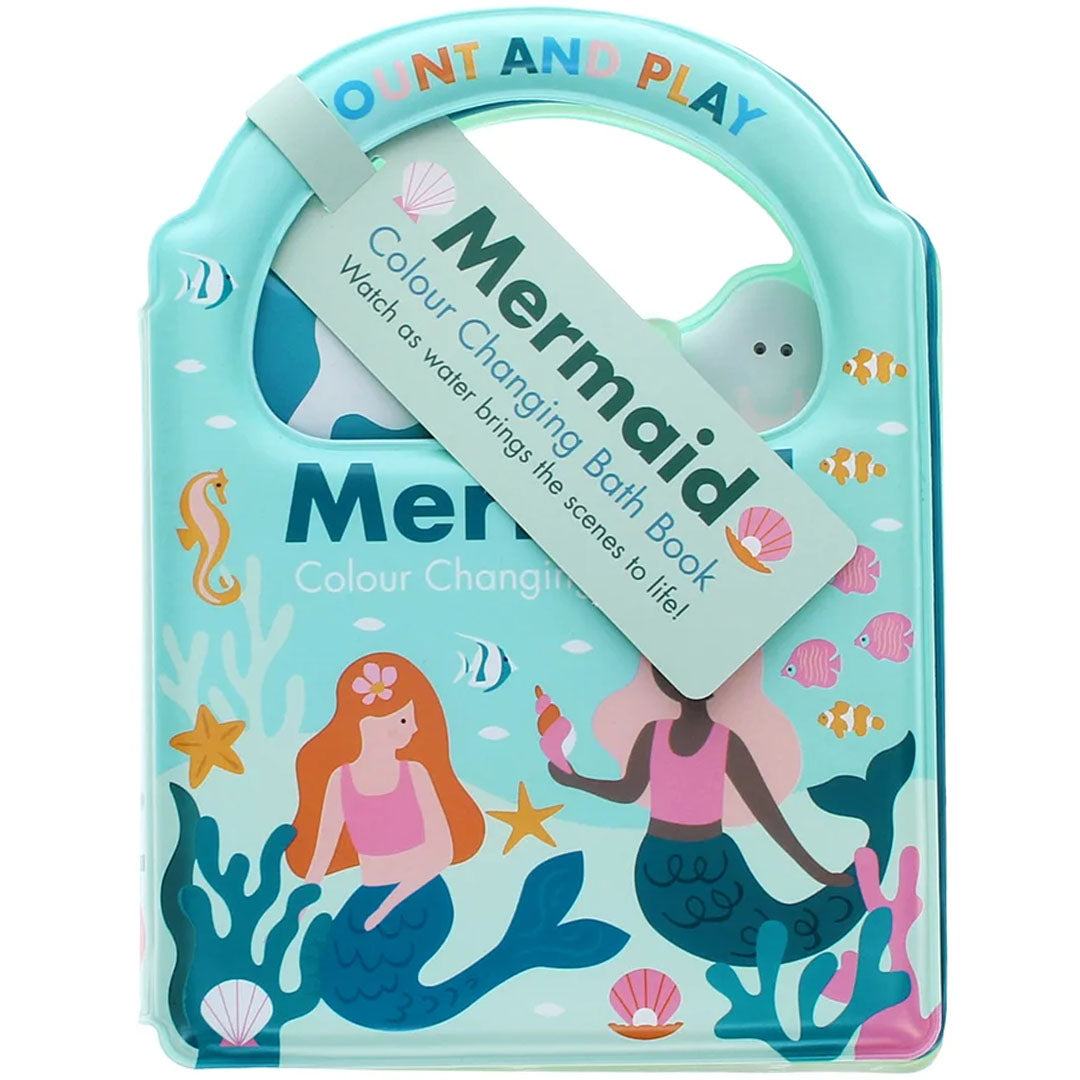 Rex London badboekje met zeemeerminnen en onderwaterdieren op de voorkant, met een hangtag 'Mermaid Colour Changing Bath Book'.