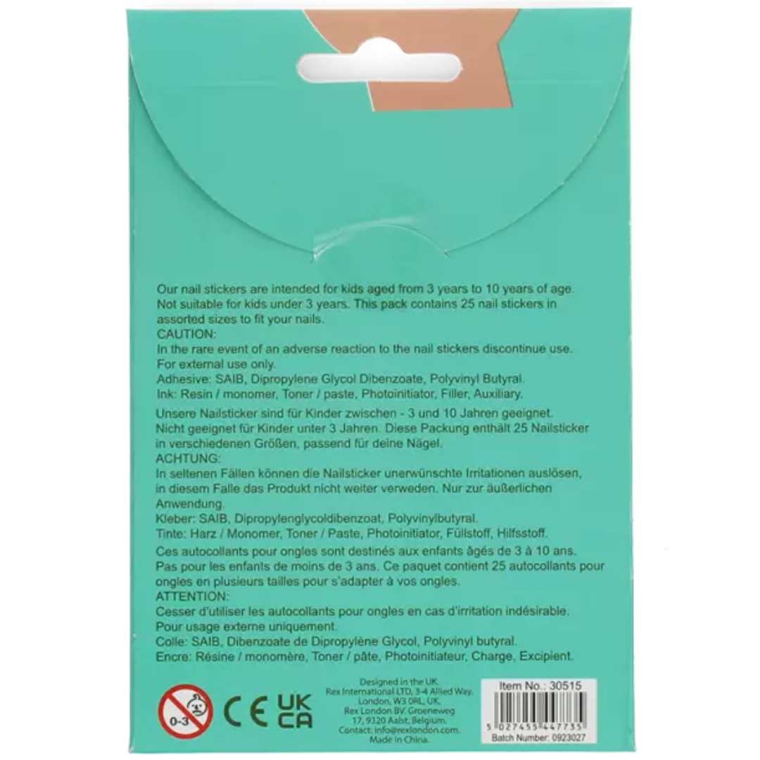De achterkant van de Rex London dinosaurus nagelstickers verpakking met productinformatie.
