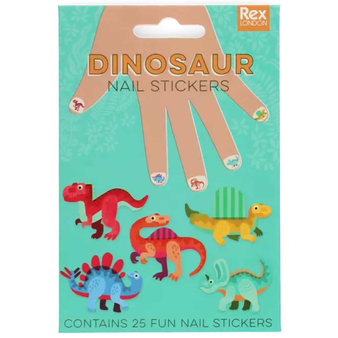 De voorkant van de Rex London nagelstickers verpakking met dinosaurus thema.