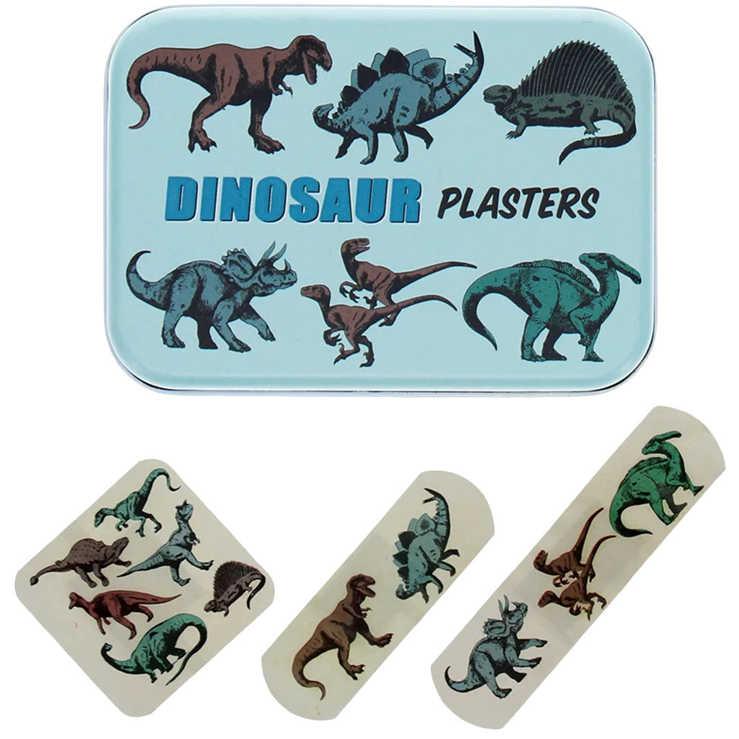 Rex London dinosaurus pleisters in een lichtblauwe metalen bewaartin met losse pleisters ernaast.
