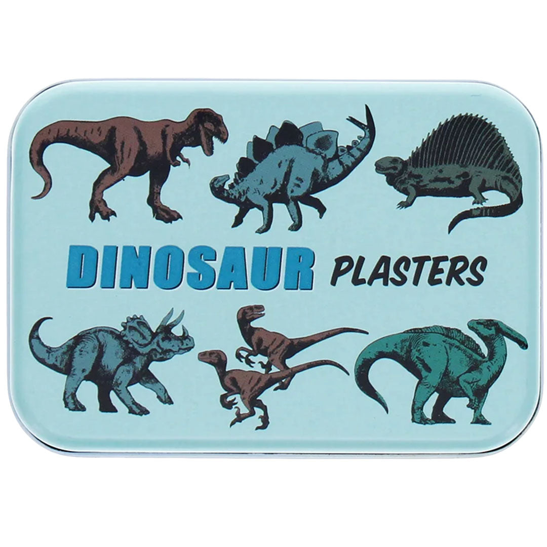 De lichtblauwe metalen bewaartin van Rex London dinosaurus pleisters met diverse dinosaurusafbeeldingen.
