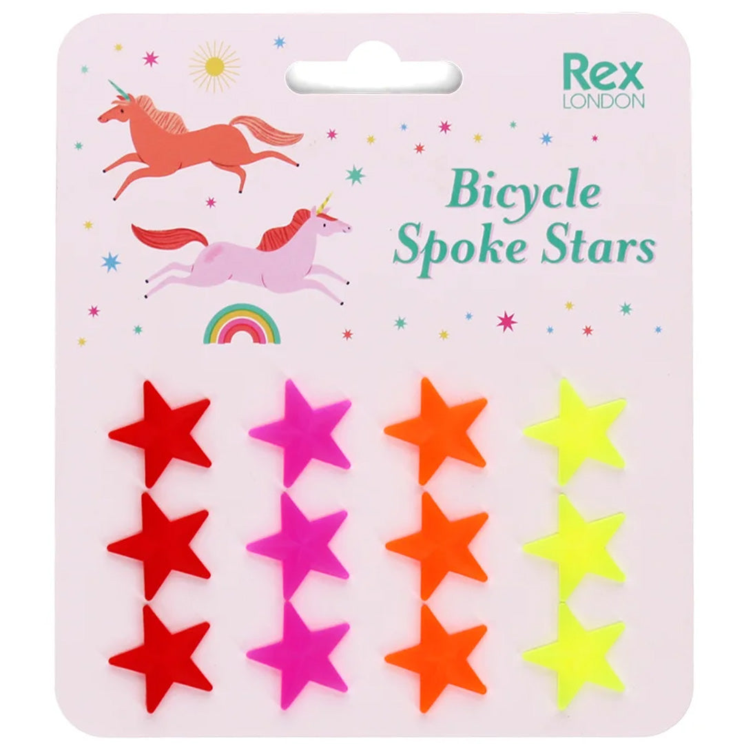 Rex London verpakking van veelkleurige sterren spaakdecoratie met eenhoornillustraties.
