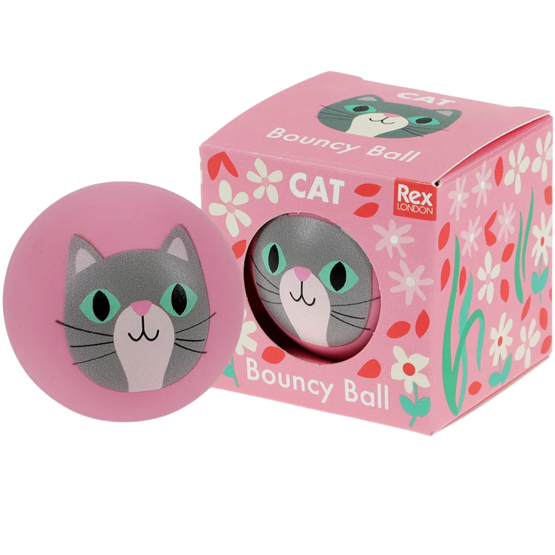 Rex London stuiterbal met kattengezicht naast de roze verpakking.