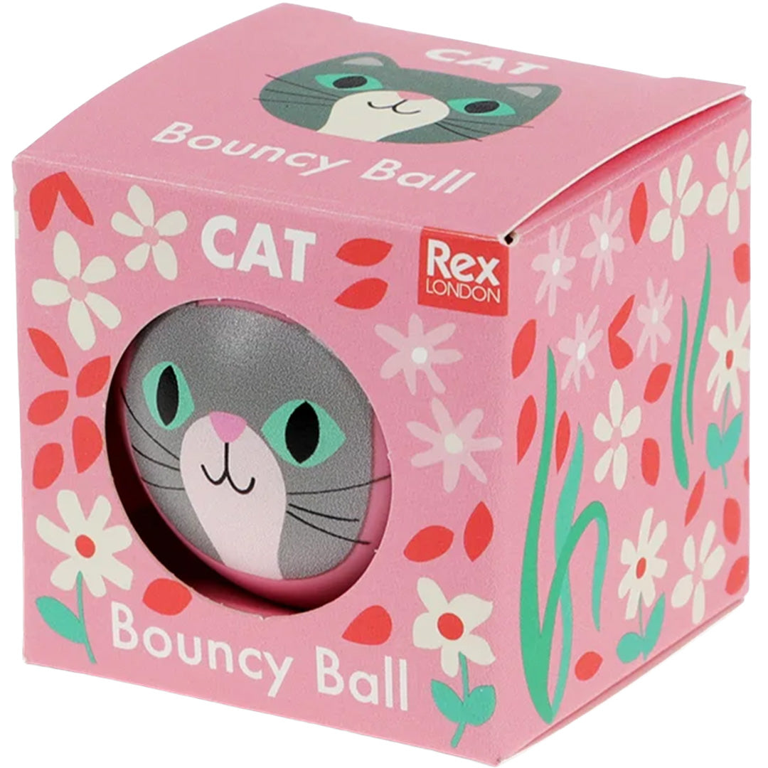 Roze Rex London stuiterbal verpakking met een kattengezicht en bloemen.