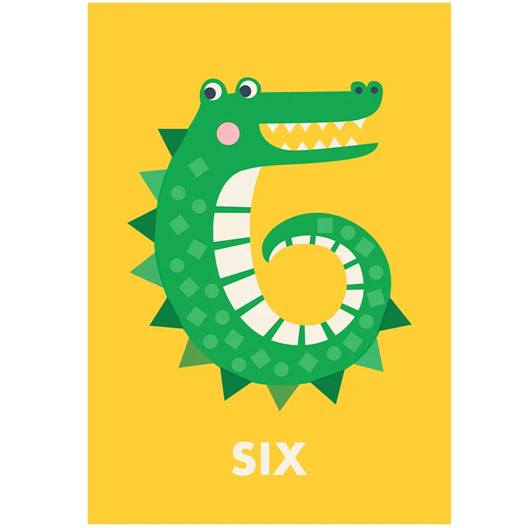 Rex London verjaardagskaart met een groene krokodil die het cijfer 6 vormt op een gele achtergrond.