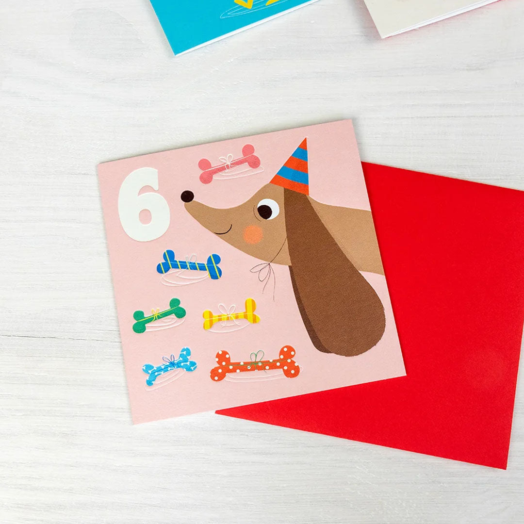Rex London verjaardagskaart met een hond en het nummer 6, liggend op een witte ondergrond naast een rode envelop.