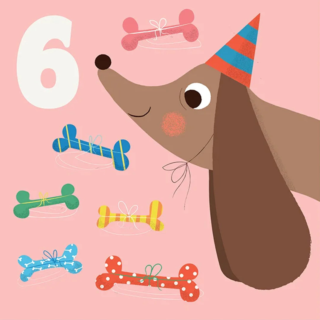 Rex London verjaardagskaart met een illustratie van een hond met feesthoed, het nummer 6 en kleurrijke botjes.