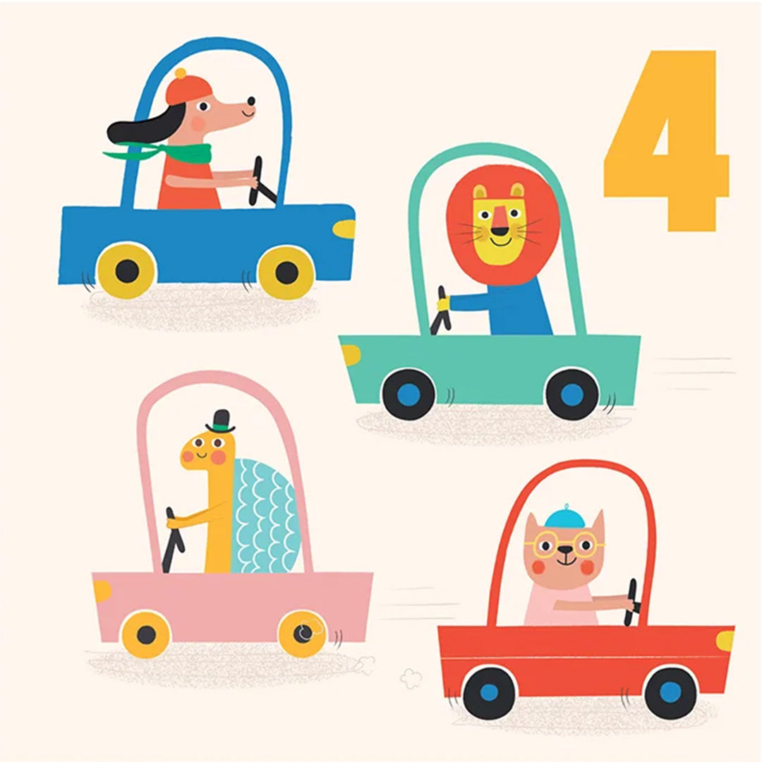 Rex London verjaardagskaart voor 4 jaar met vier rijdende dieren in kleurrijke auto's.
