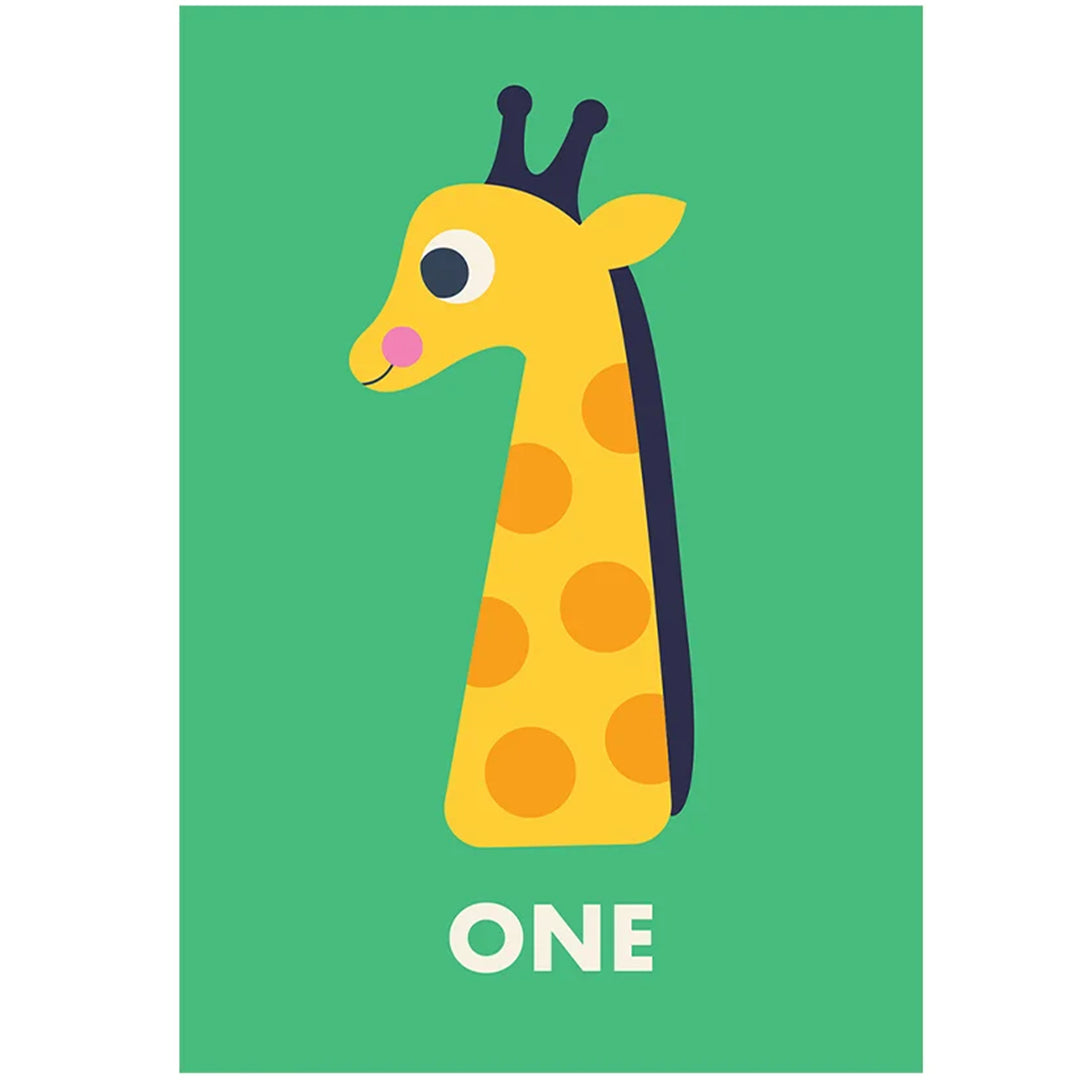 Rex London verjaardagskaart met een gele giraffe in de vorm van het cijfer 1 op een groene achtergrond.