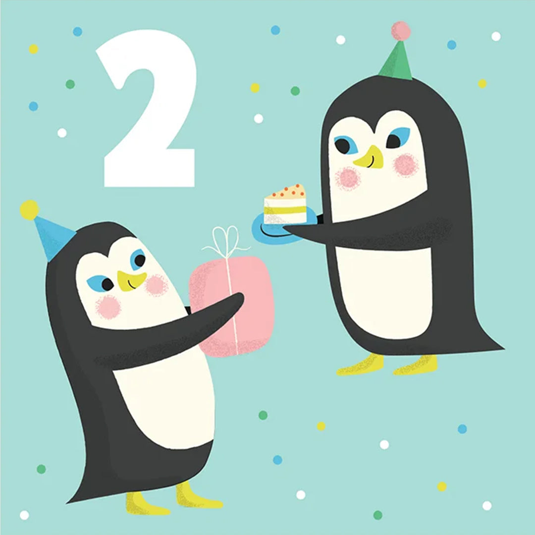 Rex London verjaardagskaart voor 2 jaar met twee pinguïns, een cadeau en een taartje.