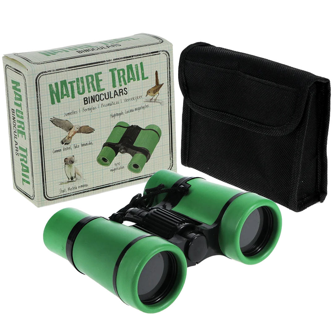 Rex London Nature Trail speelgoed verrekijker set met groene verrekijker, zwarte beschermhoes en verpakking.