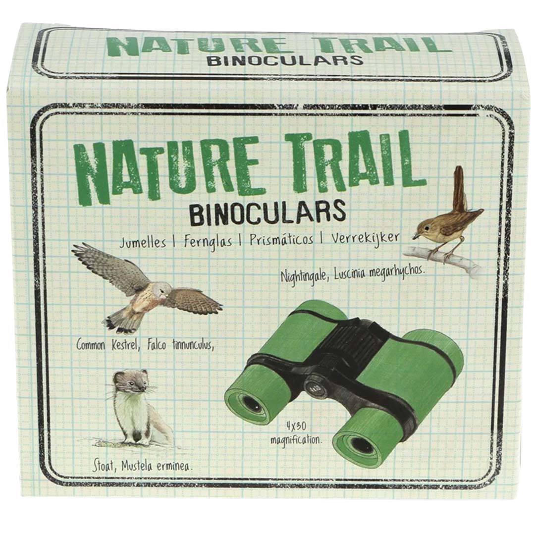 Verpakking van de Rex London Nature Trail verrekijker met illustraties van dieren en de groene verrekijker.