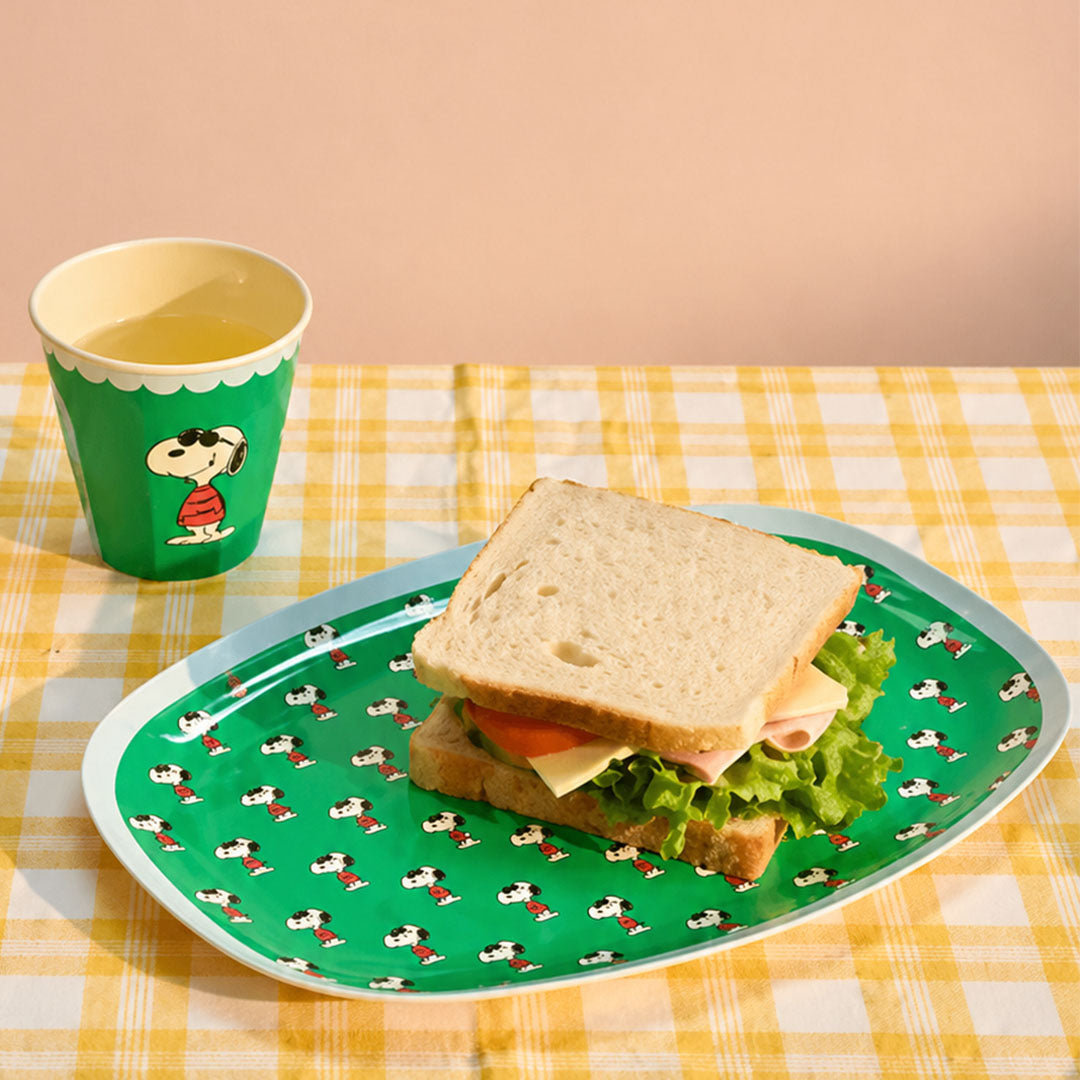 rice ovaal kinderbord met Snoopy patroon en een sandwich, naast een bijpassende beker op een geruite ondergrond.