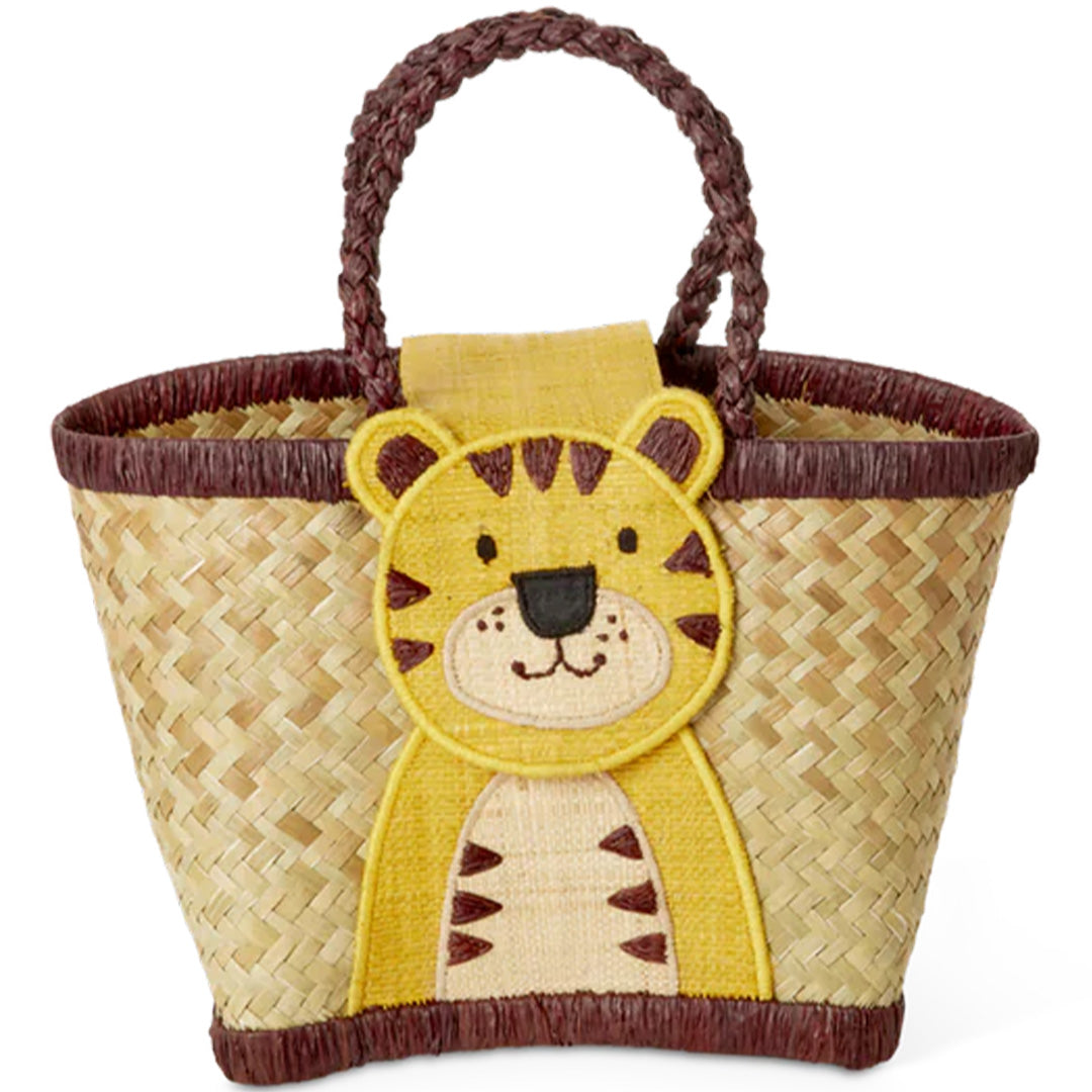 Rice kindertas van raffia met een tijgergezicht op de voorkant.