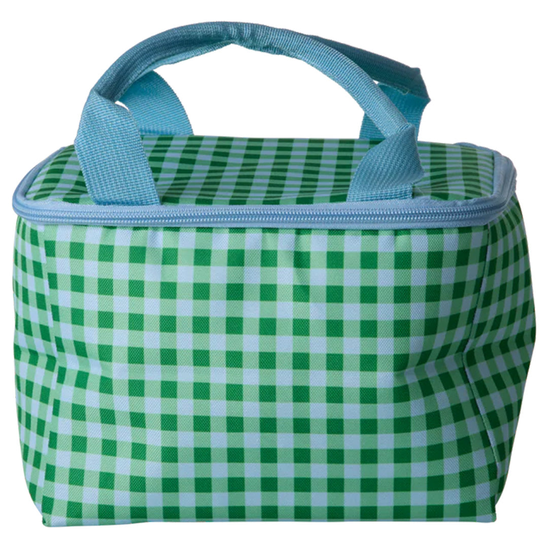 rice koeltas met groen en blauw geruit patroon.