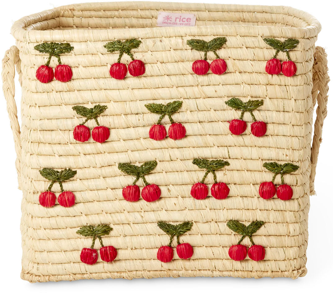rice raffia opbergmand met geborduurde kersen.