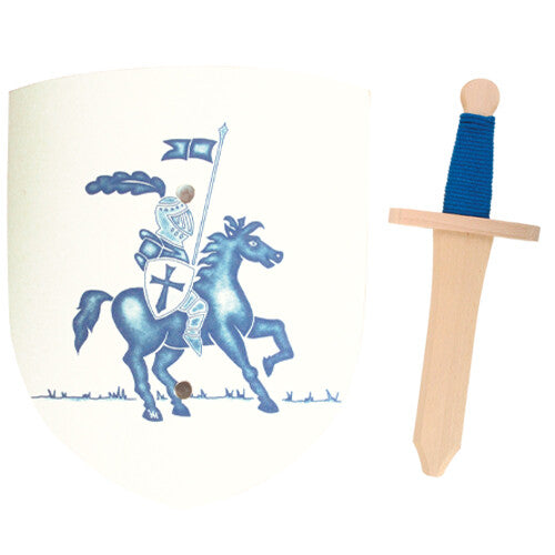 Vah houten ridderset met schild met blauwe ridder en zwaard met blauw handvat.