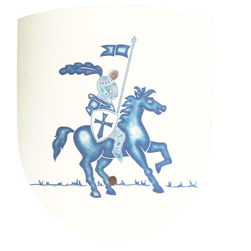 Vah houten speelgoedschild met een blauwe ridder op een paard.