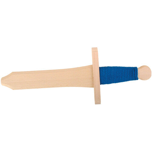 Vah houten speelgoedzwaard met een blauw omwikkeld handvat.