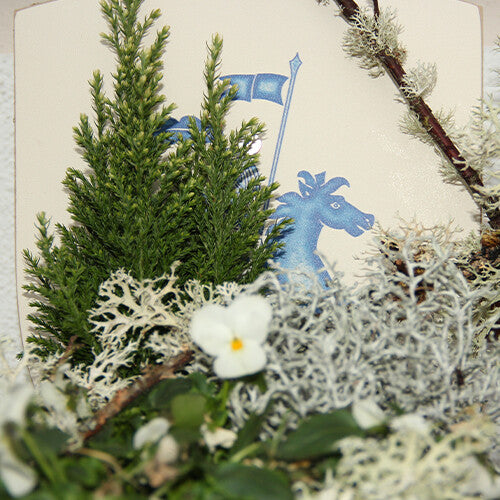 Close-up van het Vah houten speelgoedschild met blauwe ridder, deels verborgen door groene en witte planten.