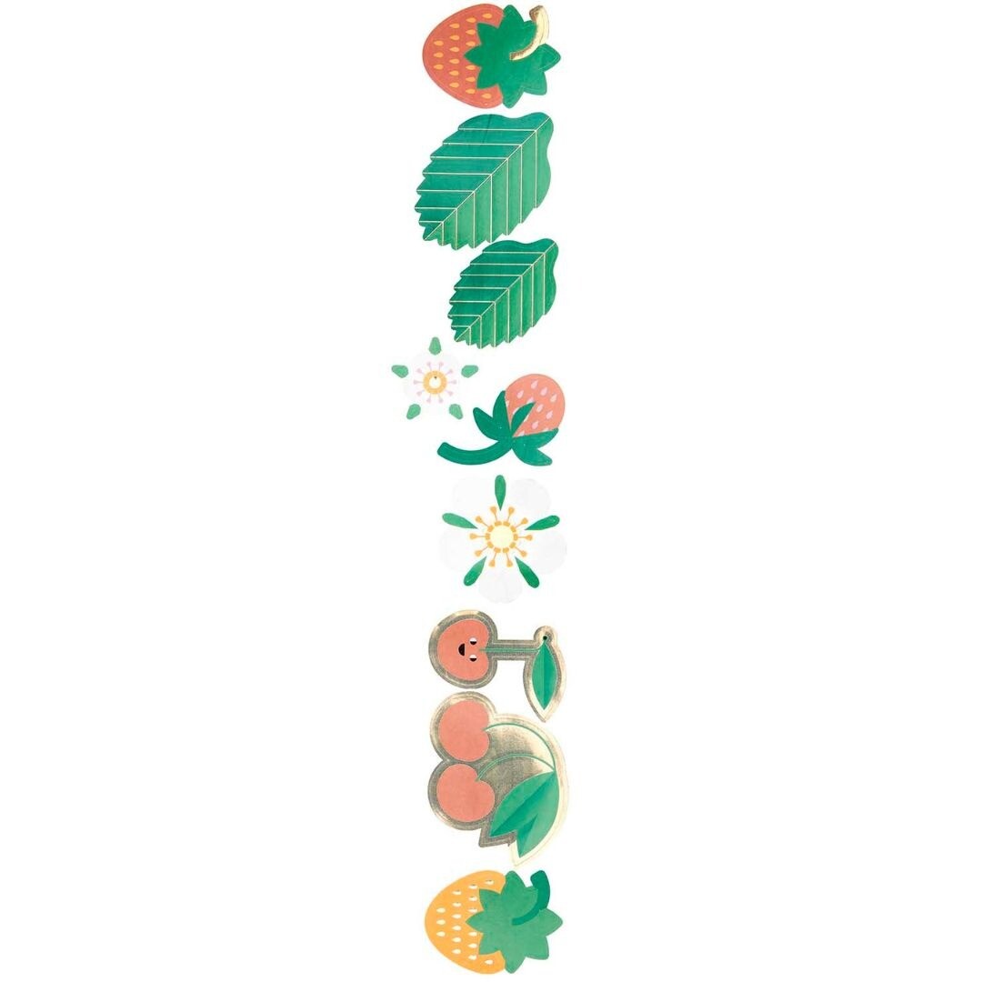 Een verticale rij van losse fruit- en bloemstickers, waaronder aardbeien, kersen en bladeren.