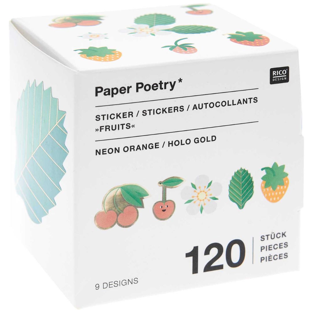 De verpakking van Rico Design rol stickers met fruit- en bloemmotieven.