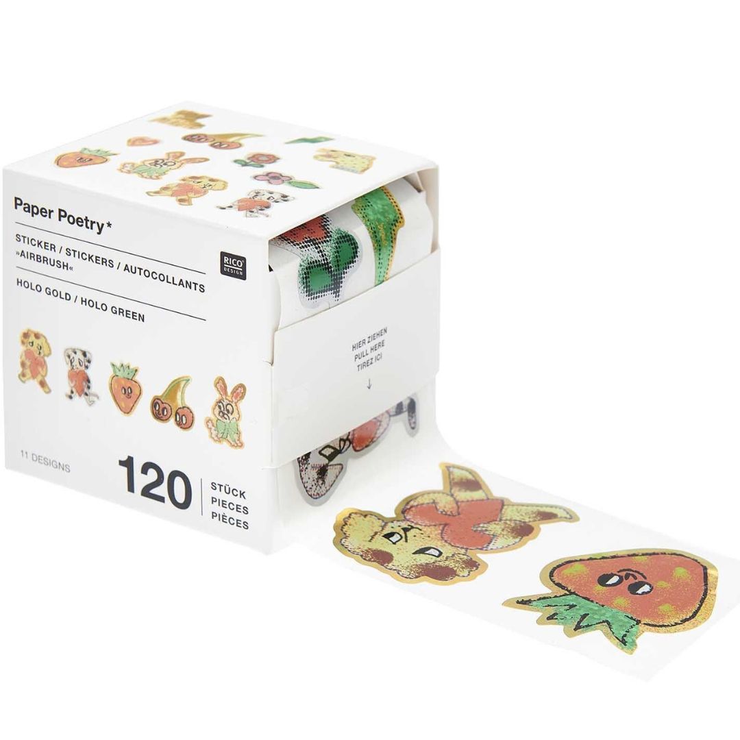 Rico Design rol stickers in een witte dispenserdoos met diverse airbrush-stijl ontwerpen van dieren en fruit.