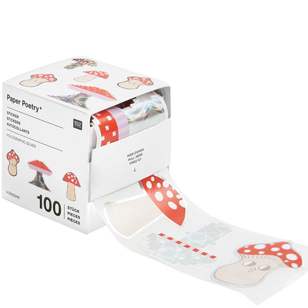 Rico Design rol stickers met paddenstoelenmotief, deels uit de verpakking getrokken.