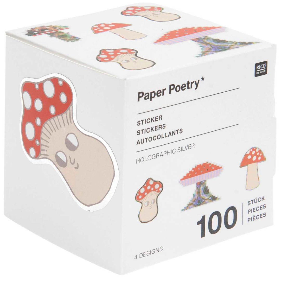 De verpakking van Rico Design paddenstoelen stickers met verschillende ontwerpen en de tekst '100 Stück'.