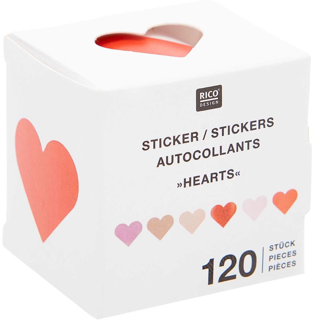 De voorkant van de Rico Design verpakking met 120 holografische hartstickers in diverse kleuren.