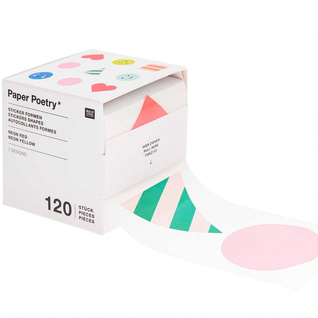 Rico Design rol stickers met geometrische vormen en gezichtjes, deels uit de verpakking getrokken.