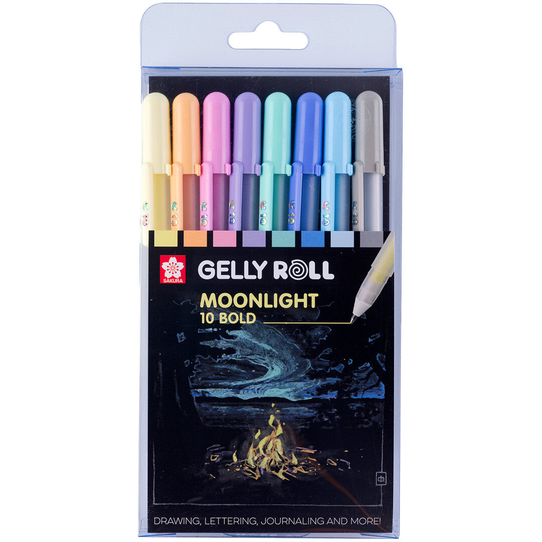 De voorkant van de verpakking van de Sakura Gelly Roll Moonlight 10 Bold gelpennen set.