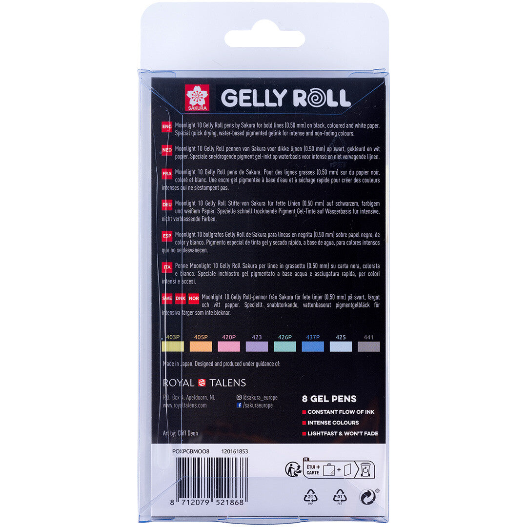 De achterkant van de verpakking van de Sakura Gelly Roll Moonlight gelpennen set met productinformatie.