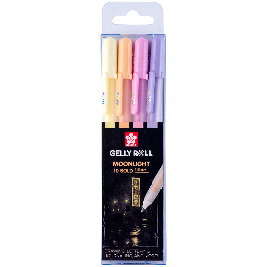 De verpakking van de Sakura Gelly Roll Moonlight gelpennen met vier pennen erin.